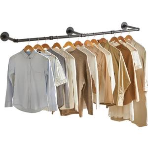 IBUYKE 70 Inch Industrial Pipe Clothes Bar Rack, Wall Mounted Garment Hanging Storage Rail, for Bedroom, Living Room, Laundry Room, Retail Display, Triple Base, Black TYJ003H