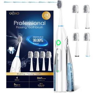 Electric Toothbrush with Water Flosser, All in One Sonic Flossing Toothbrush with 3 Modes & 5 Flossing Speeds & 4 Brush Heads, Rechargeable & Portable for Adult Teeth Cleaning,White