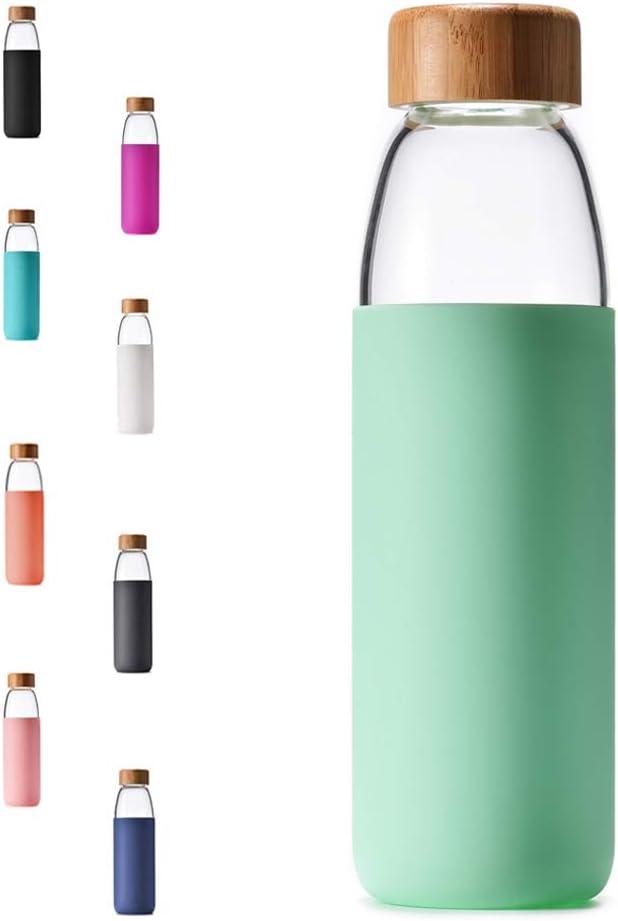 veegoal 25 Oz Borosilicate Glass Water Bottles with Bamboo Lid, BPA-FREE, Non-Slip Silicone Sleeve, and Stainless Steel Leak Proof Lid - Reusable Glass Bottle for Men and Women (Mint Green)