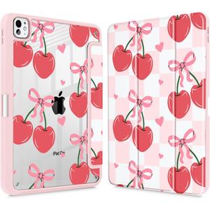 Mektron Case for M5/ M4 iPad Pro 11 inch 2025/2024 with Pencil Holder, Compatible Models: A3357/A3358/A3359/A2836/A2837/A3006, Shockproof Cover Clear Shell, Cherries Bows C353