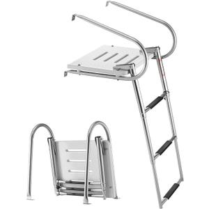 VEVOR Boat Ladder, 3 Steps Stainless Steel Telescoping Folding Swim Deck Ladder for Rear Entry Inboard, 400 lbs Capacity with Wide Non-Slip Steps & Handrails, for Outboards, Yacht, Pontoon Boats