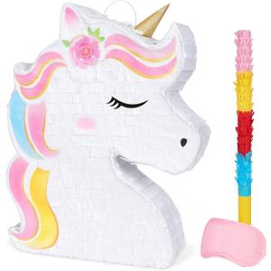 WERNNSAI Unicorn Piata - Unicorn Party Supplies Piata Bundle with Blindfold and Bat for Girls Kids Rainbow Unicorn Theme Birthday Party Game Decorations (15.7" x 12.2" x 3.1")