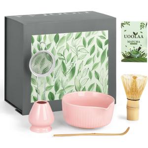 Pink Traditional Matcha Whisk Set, 5 Pcs Japanese Matcha Kit with Chawan Ceramic Bowl with Spout, Chasen Bamboo Whisk and Holder, Scoop, Sifter - Matcha Set Kit Gift for Ceremony Matcha Lattes Lover