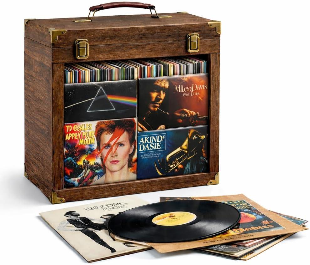 Vinyl Record Storage Box with Acrylic Display Window, Wooden Vinyl Record Box Holds Up to 35 LP Albums, Velvet Lined 12 Inch Vinyl Record Storage Box with Handle & Latches, (Carbonized black)