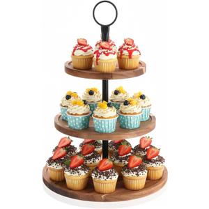 3 Tier Cupcake Stand, Round Wooden Cupcake Display Stand with Metal Handle, Wood Tiered Serving Tray Cupcakes Tower, Rustic Dessert Table Display Holder, for Wedding Tea Party Decor