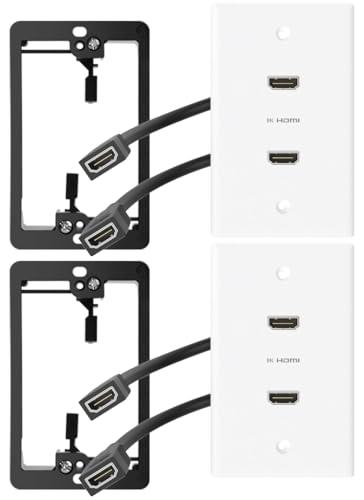 YOEMELY 8K HDMI Wall Plate in White, 2 Port, 2 Pack, HDMI Outlet Wall Plate with HDMI Wall Outlet Cable to Support 8K 60Hz and 4K 120Hz, Low Voltage Bracket for Drywall Mount