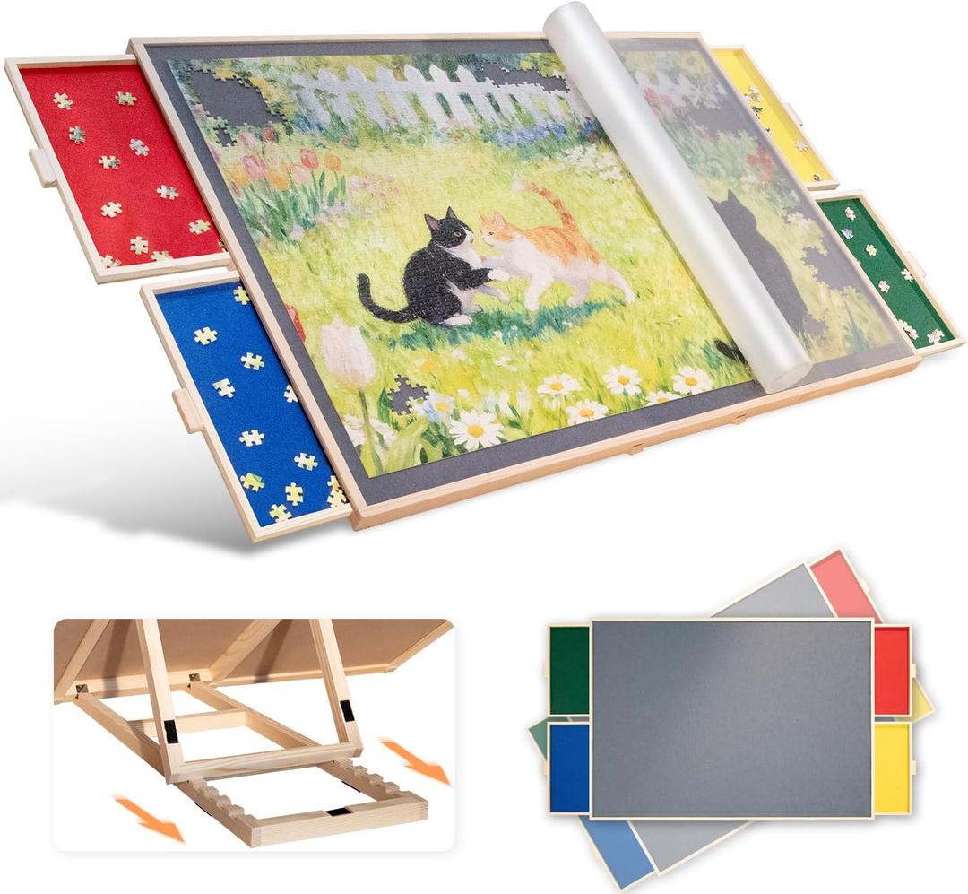 1500 Pieces Tilting & Rotating Puzzle Board, with Non-Slip Tabletop & Protective Cover, Sort-Wise Colorful Felt Drawers, Portable Wooden Jigsaw Puzzle Table for Adults, Birthday Gifts for Mom (Multicolor)