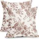 Vintage Floral Pillow Covers 18x18 Inch Set of 2 Light Brown and Cream Floral Throw Pillow Covers Chinoiserie Flower Pillowcases Rustic Farmhouse Cotton Linen Cushion Covers for Couch Bed Sofa Decor