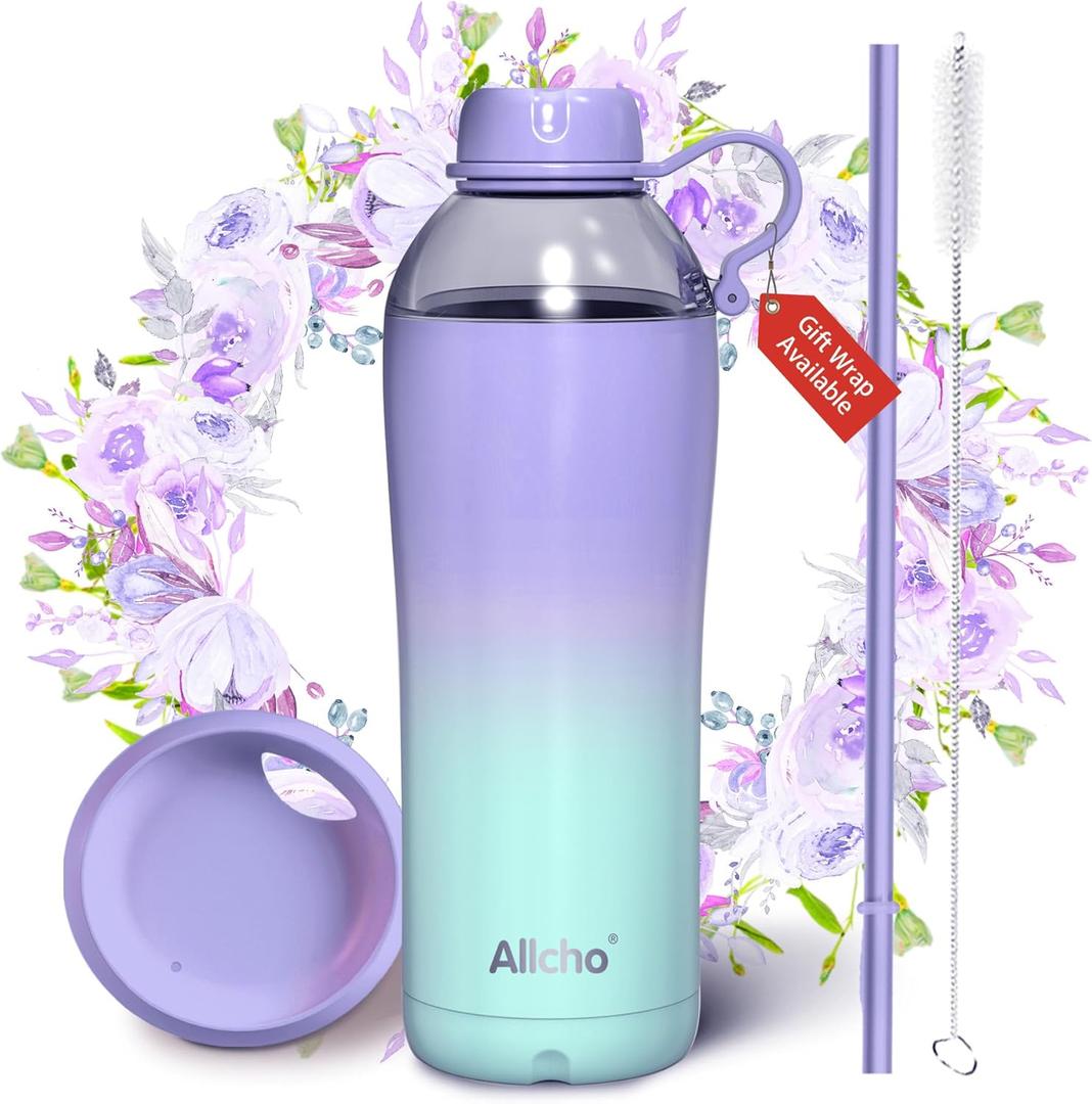 Insulated Water Bottle Christmas Gifts for Women, 18 oz Stainless Steel Water Bottles, Double Walled, 2 Lids (Chug & Tumbler) - Hydrate & Caffeinate,(Lavender Meadow)