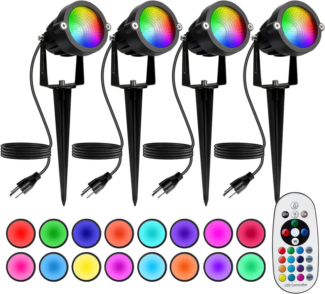 Halloween Christmas Spotlight Outdoor: 12W RGBW LED Spot Lights Outdoor with 16 Color Changing for Yard Garden Decor | 4 Pack of IP65 Waterproof 120V Plug in Landscape Lighting with Remote