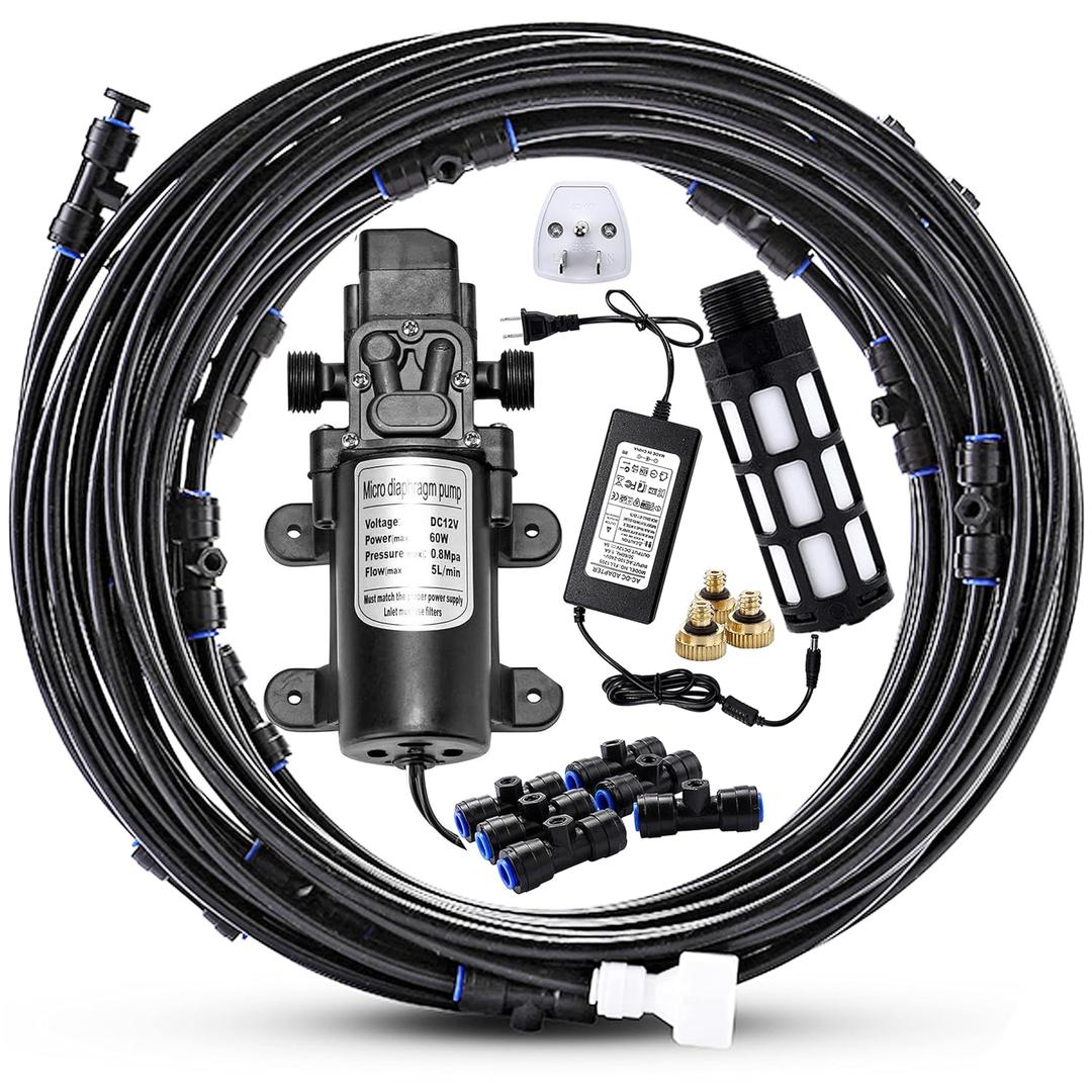 Outdoor Misting Cooling System with Pump Kit, 49.2FT(15M) Misting Line with Filter, 20 Brass Mist Nozzles, 1 Brass Adapter (3/4"), 12V DC 60W 5L/Min, Self Priming Sprayer Water Pump