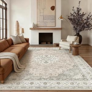 8x10 Neutral Washable Vintage Area Rug for Living Room Bedroom Beige Brown Soft Non Slip Large Throw Rug Lightweight Floral Low Pile Distressed Carpet Office Playroom Home Decor