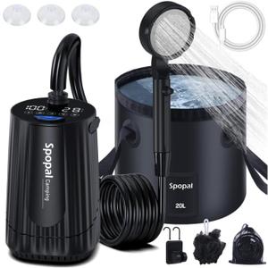Portable Camping Shower - 10000mAh Rechargeable, 5-Speed with Collapsible Bucket with Handle 20L, IPX8 Waterproof, LED Display Camp Shower Pump- Perfect for Hiking, Travel, Cars & Pets