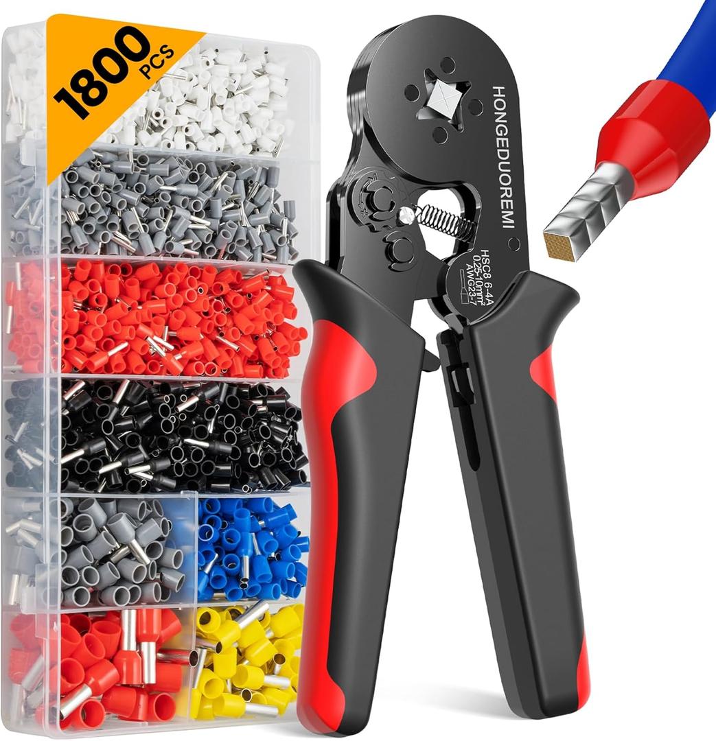Ferrule Crimping Tool Kit,Wire Ferrule Kit Crimper Connectors4 corners Self-adjustable AWG23-7 gauge 1800PCS Ferrules Electrical TerminalCrimpers Tools Pin Terminals Ratchet Pliers for Audio,Car,DIY