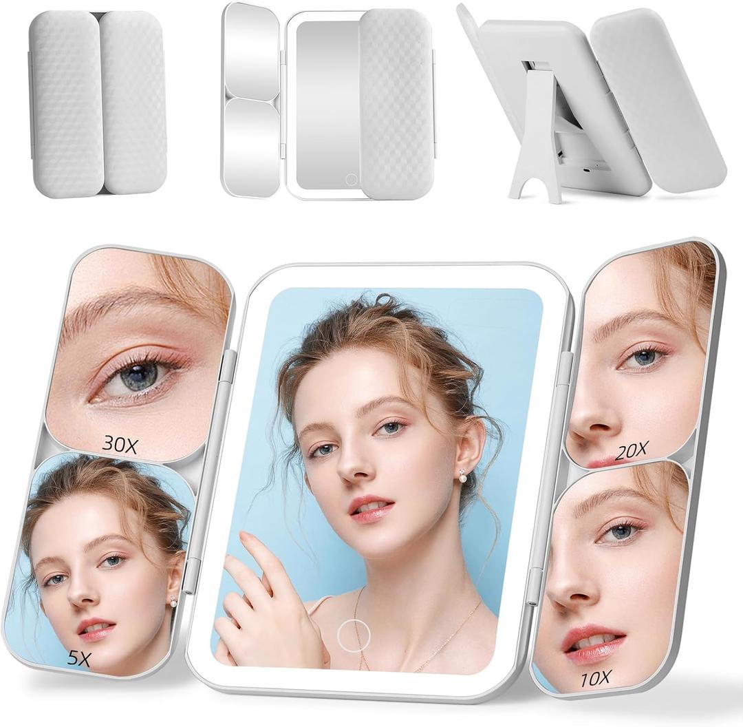 Tri-fold Vanity Mirror with Light,1X/5X/10X/20X/30X Makeup Magnifying Mirror with Lights,Rechargeable Travel Makeup Mirror with Foldable Stand,Dimmable in 3 Colors,Touch Control (White)