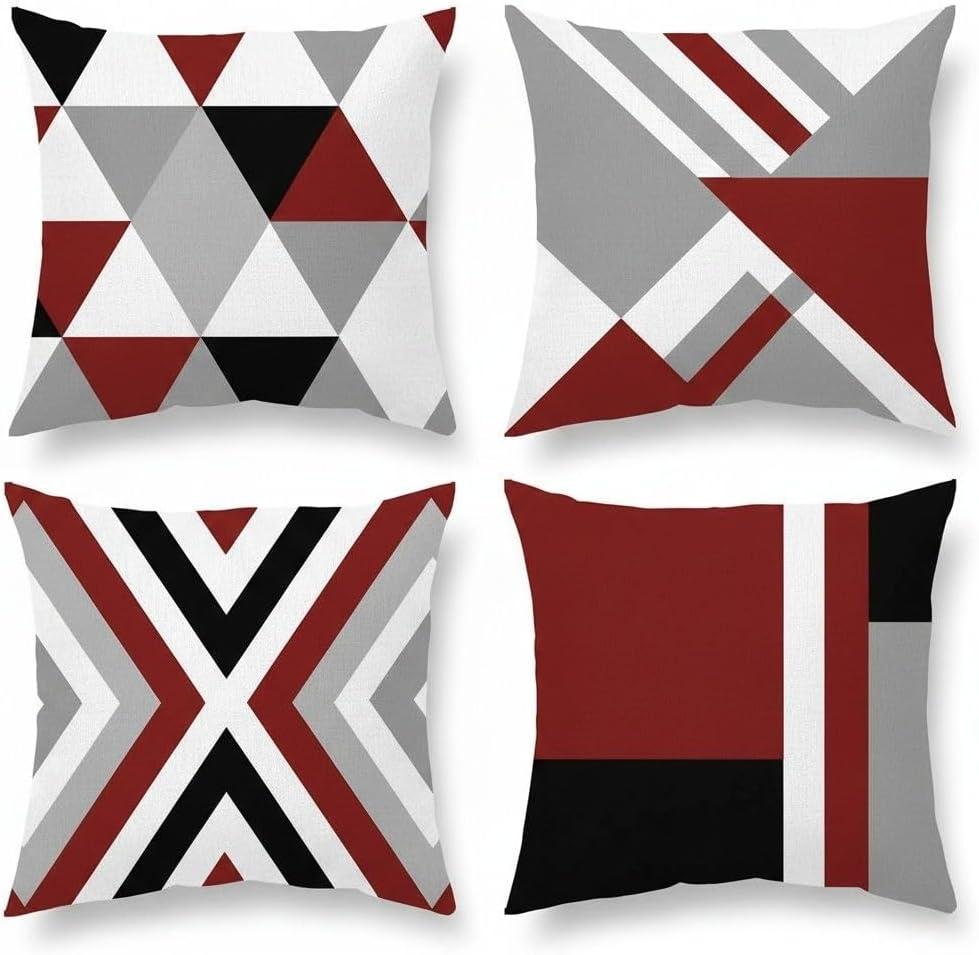 Burgundy and Gray Geometric Throw Pillow Covers 18x18 Inch Set of 4,Modern Geometric Abstract White Linen Decorative Pillowcases for Couch, Sofa, Living Room, Farmhouse Home Decor