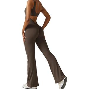 YEOREO Women Workout Scrunch Flare Jumpsuits Sexy Backless Butt Lift Gym Yoga Jumpsuits (XX-Large, Coffee)