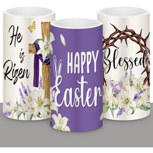 Retisee 3 Pcs He is Risen Easter LED Candles Cross Easter Flameless Candles Battery Operated with Remote Christian Bunny Flower Rabbit Spring Decor for Bedroom Living Room Decorative