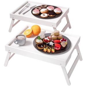 Fibogollo 2 Pack Bamboo Bed Tray Table with Folding Legs,Breakfast Trays,Serving Tray for Food and Snack,Laptop Trays for Working(White)
