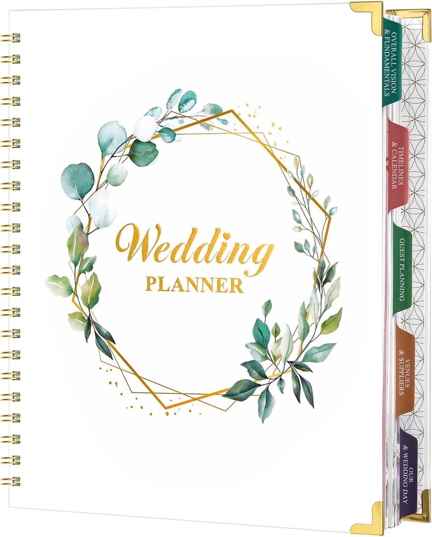 Wedding Planner - Wedding Planner Book and Organizer for the Bride with 5 Tabbed Sections, 12" x 9", Hardcover with Metal Corner + 5 Inner Pockets + Sticker + Elastic Closure Band