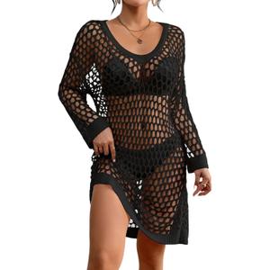 Bsubseach Crochet Swimsuit Coverup for Women Long Sleeve Beach Dress Coverups Sheer Knit Beachwear Vacation Outfits Black S