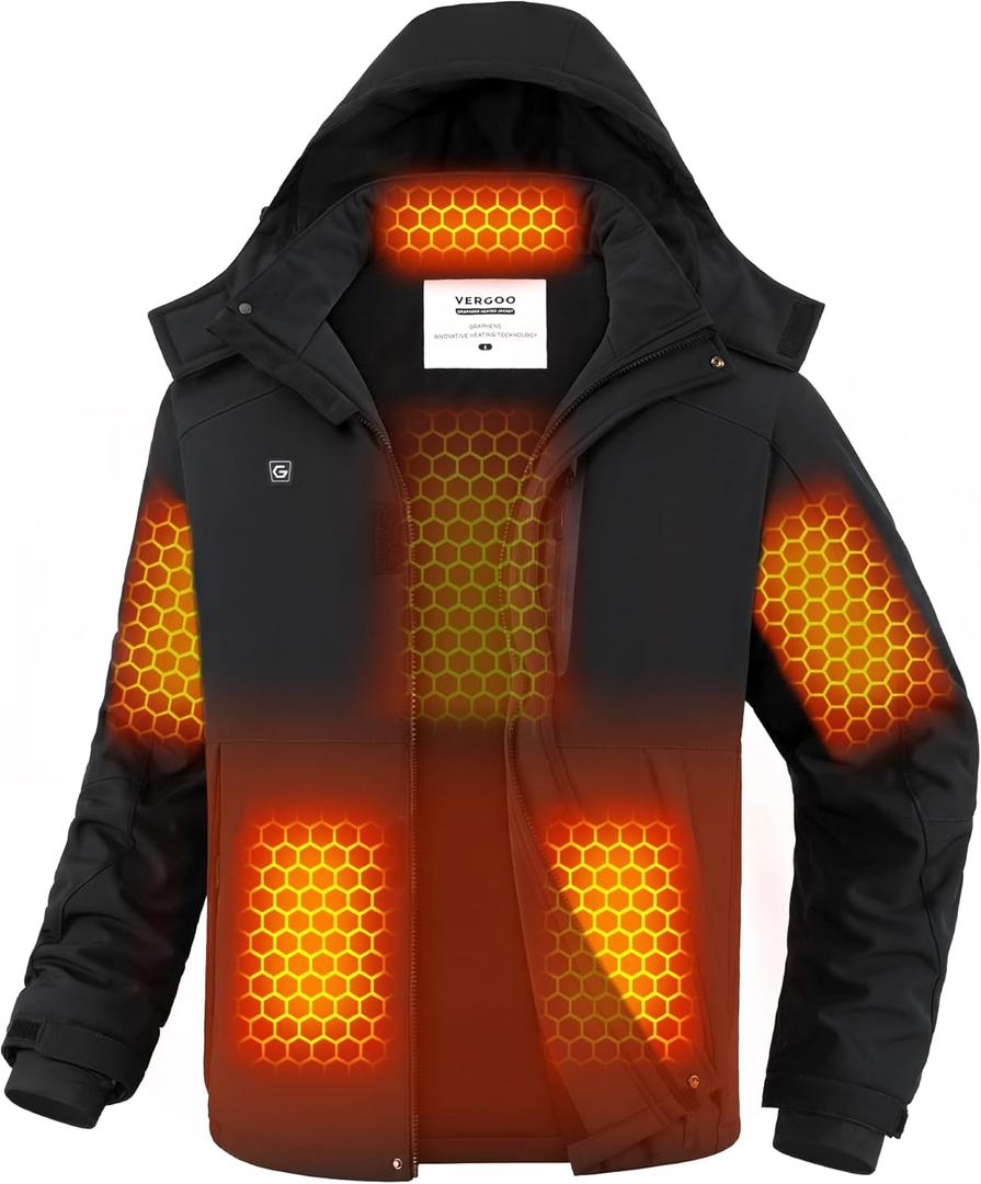 VERGOO Graphene Mens Heated Jackets with 18400mAh Battery Pack Winter Waterproof Electric Self Heating Coat with Hood (X-Large, Black)