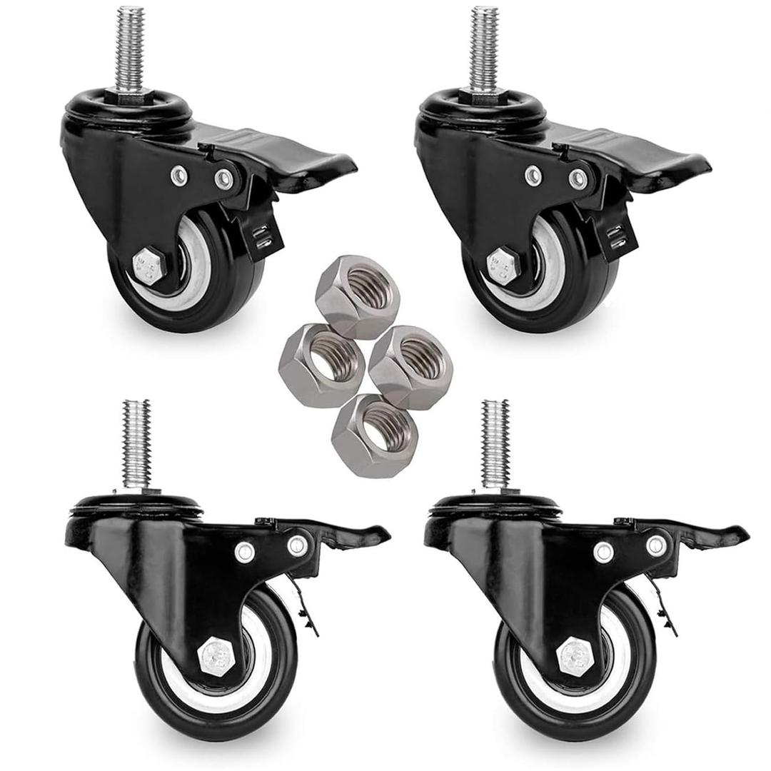 2 Inch Swivel Stem Casters Heavy Duty Double Locking, 600lbs Load Capacity, 3/8-16x1 Threaded Stem Swivel Castors with Brakes, Noiseless, Set of 4 Industrial Castors for Furniture, Carts(Black)