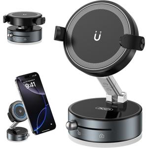 2 x 360 Rotation Clip on Car Phone Mount, 2 IN 1 Adjustable Magnetic Car Phone Holder Vacuum Suction Cup Phone Stand Foldable Cellphone Mount with Concealable Ears for All Smartphones