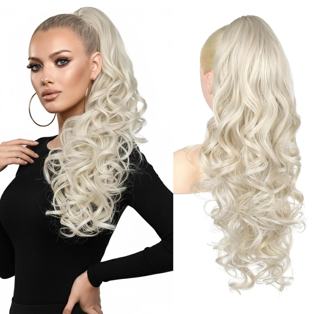 REECHO Ponytail Extension, 24" Claw Clip in Long Curly Wavy Ponytail Hair Extension Jaw Clip on Pony Tails Hairpiece for Women - Platinum Blonde