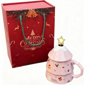 Christmas Coffee Mugs with Gift Box, Cute Christmas Tree Design 12 oz Durable Novelty Ceramic Cups with Lid & Spoon, Perfect Holiday Gifts for Women, Men, Kids and Friends (Pink)