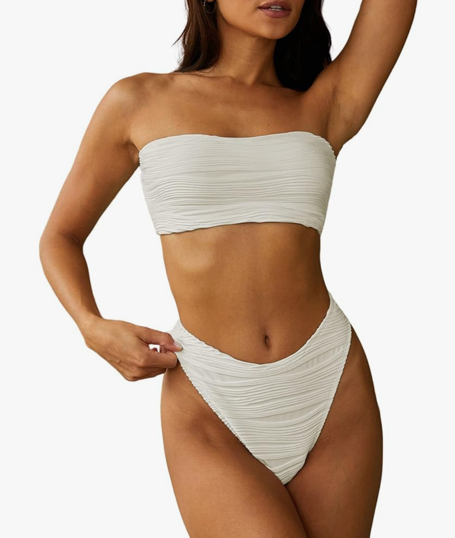 ZAFUL Women Strapless Textured Bandeau Bikini 2 Piece Swimwear Cheeky Solid Lace up Bathing Suits Size Larg