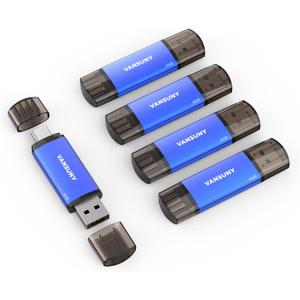 Vansuny 64GB 5 Pack USB Type-C Flash Drives 2-in-1 Dual Flash Drive USB A + USB C OTG Flash Drive for Android Smartphone Tablet Computer Laptop (Blue)