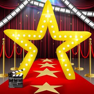 28 Pcs Movie Night Party Decorations 6 ft Large Inflatable Pentagram Arch Kit with LED Light Blow up Star Sign with Red Carpet Runner for Carnivals Birthday Party Photo Supply
