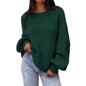 PRETTYGARDEN Womens Sweaters Fall 2025 Lantern Long Sleeve Oversized Sweater Casual Crewneck Chunky Knit Ribbed Pullover Tops (Small, Dark Green)