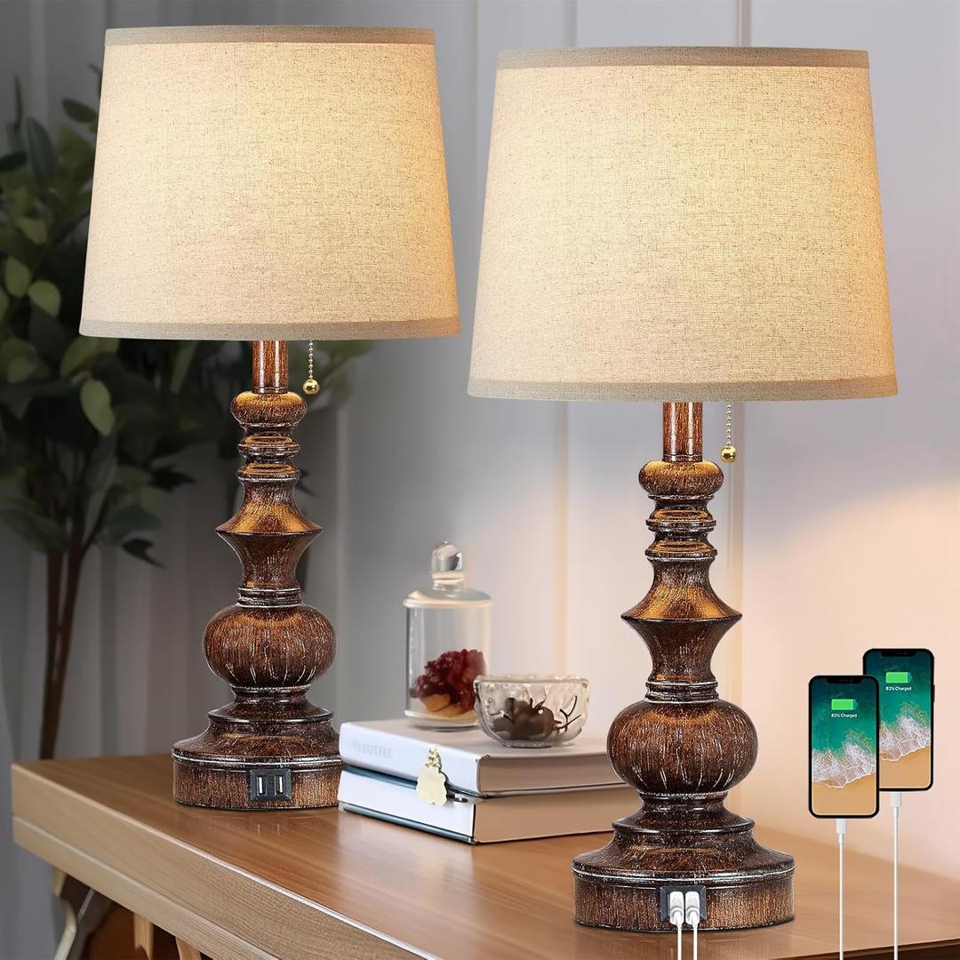 Vintage Bedside Table Lamps Set of 2 for Bedroom Nightstand Lamps with USB Charging Ports Rustic Farmhouse Small Table Lamp for Living Room End Tables Brown Wooden Finish, Pull Chain