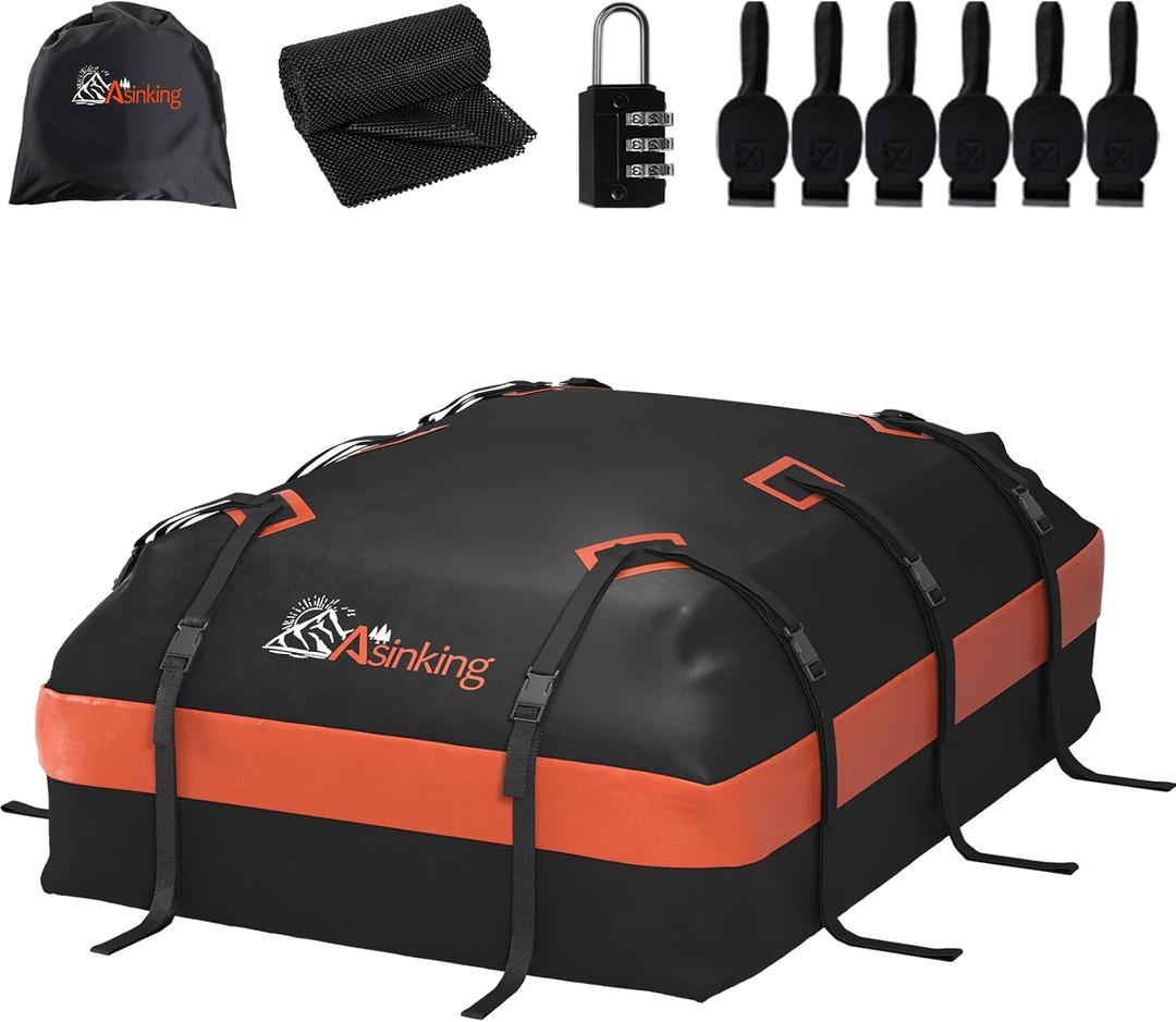 Asinking Car Roof Bag Rooftop top Cargo Carrier Bag 21 Cubic feet Waterproof for All Cars with/Without Rack, Includes Anti-Slip Mat, 10 Reinforced Straps, 6 Door Hooks, Luggage Lock