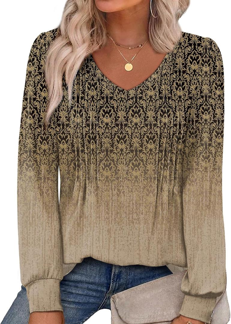 Alaroo Womens Long Sleeve Shirts Pleated V Neck Curved Hem Fall Winter Tunic Tops Blouses Print (M)