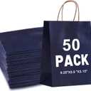 Gift Bags 8.25"x5.9 "x3.15" 50Pcs Paper Bags with Handles,kraft paper Bags for Small Business Christmas Bulk, Wedding, Party Favor, Shopping, Lunch, Halloween Trick-or-Treat (Navy Blue)