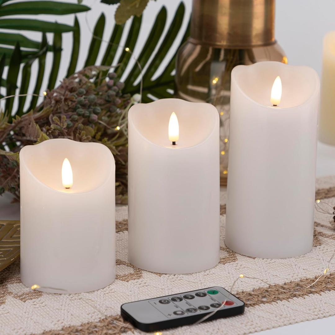 Flameless Candles with Remote, Battery Operated Wax LED Flickering Candles - Set of 3 (White) with Timer for Home Decor, Perfect for Christmas Party White