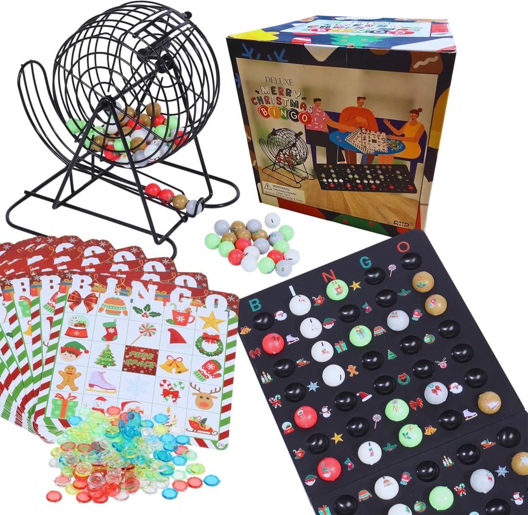 Deluxe Christmas Bingo Set - 8 Inch Metal Cage with Random Ball Selector, 50 Holiday Bingo Cards. Perfect for Family Game Nights, Christmas Parties, Large Groups & Senior Activities.