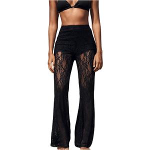 RoseSeek Women's Floral Lace Sheer Mesh Flare Pants Elastic High Waisted Long Trousers (Black, L)