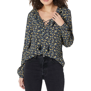 PAIGE Women's Ilara Blouse Long Sleeve Matte Satin Lace Up Front in Black Multi M