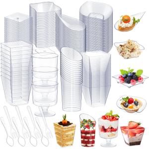 Tessco for you 800 Pcs Mini Appetizer Plates Dessert Cups Spoons Forks Set Dessert Containers Assorted Shape Plastic Parfait Cups Disposable Spoon Forks for Party Serving (Clear)