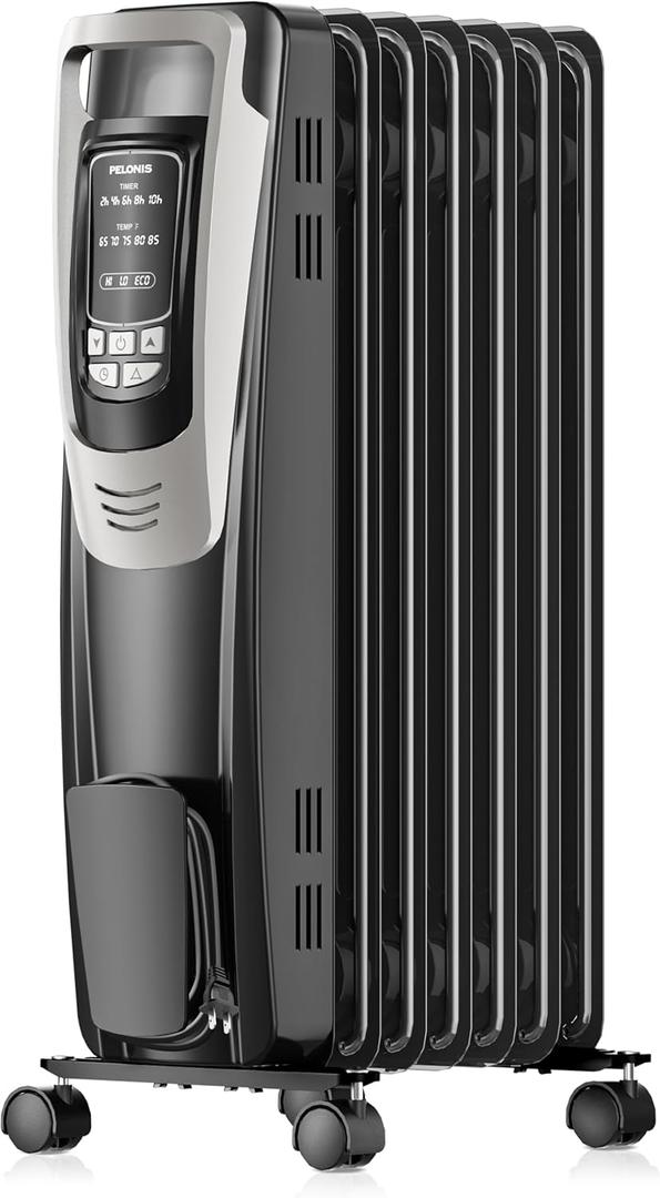PELONIS Radiator Heater for indoor use Large Room with Remote, Thermostat & LED Display, Quiet Oil Filled Heater with 5 Temperature Settings, Overheat & Tip-Over Protection, Silver, Standard