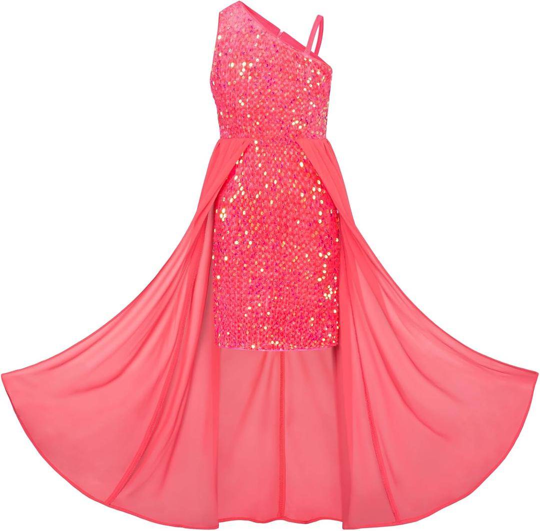 GRACE KARIN Girls Sequin Dress One Sleeve Formal Pageant Prom Party Dresses  (7 Years, Watermelon Red)