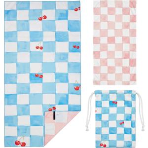 Microfiber Beach Towel Oversized w/Travel Bag, 71 * 36'' Double Print Quick Dry XL Beach Towels for Cruise Pool Yoga Gym Gift, Lightweight Absorbent Sandproof Beach Essentials, Plaid Cherry
