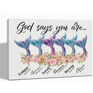 WKYAER God Says You Are Wall Art, Mermaid Bathroom Dcor, Mermaid Room Decor For Girls, Mermaid Wall Art, Mermaid Room Dcor, Christian Wall Art, Scripture Wall Art, Mermaid Wall Decor 24x16, White (24L" x 16W")