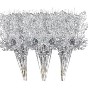 24 Pack Christmas Tree Ornaments - Artificial Flowers Glitter Berry Stems Christmas Floral Picks Branches for Xmas Tree Decorations Vase Filler Holiday Wedding Party Home Decor (Silver)