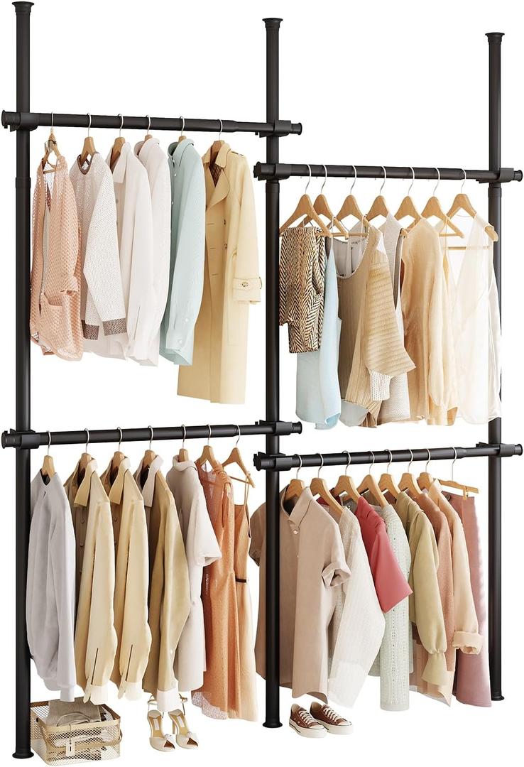 Floor to Ceiling Clothes Rack, Heavy-Duty Telescopic Garment Rack, 43122in Height & 3047in Width, 220lbs Total Load Capacity, 4-Pole, Black