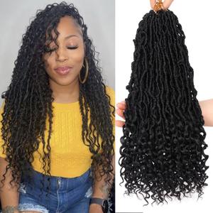 Leeven 7 Packs Faux Locs With Curly Ends 18 Inch Pre-looped Goddess Locs Crochet Hair 84 Strands Natural Black Crochet Bohemian Soft Locs Braiding Hair Extensions With Curls for Women 1B# (18 Inch(Pack of 7), 1B#)
